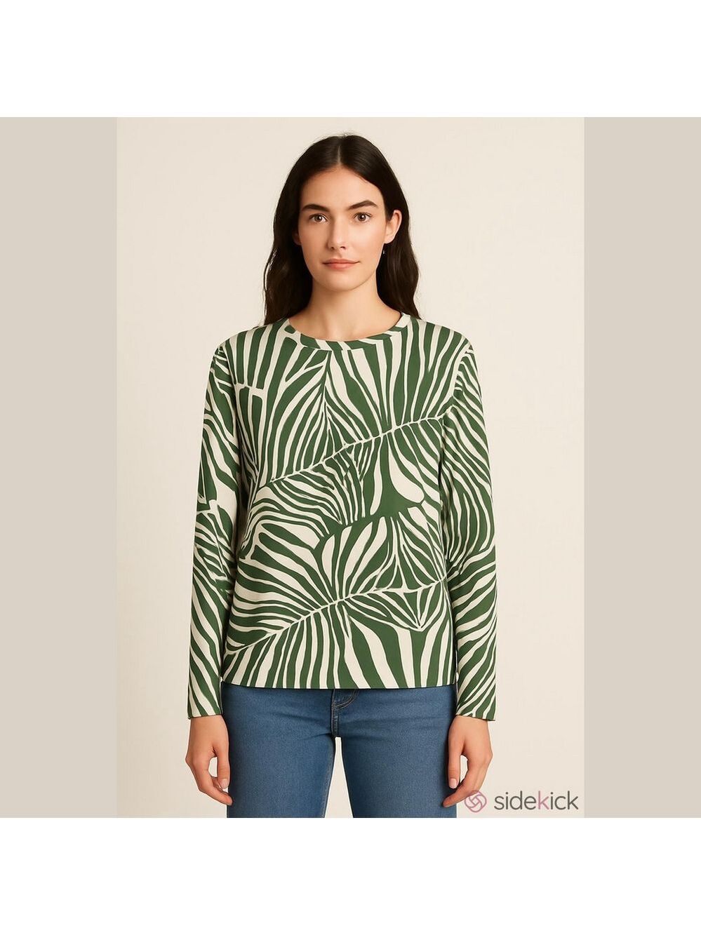 Chico's Olive Green and White Long Sleeve Printed Tee